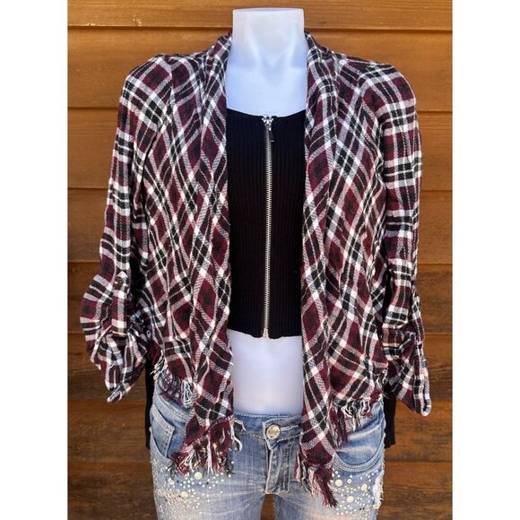 Knox Rose Red Flannel Tasseled Shawl Cardigan Size M - Picture 1 of 8